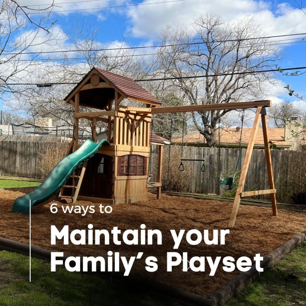 Wooden playset installed in a backyard in Austin Texas.