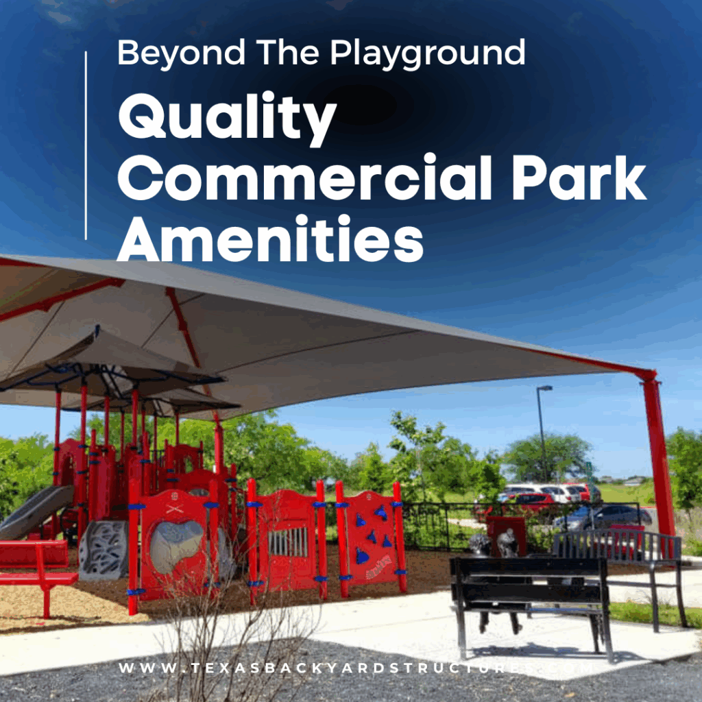 Commercial playground in Austin, Texas featuring benches, tables, and shade structures designed to enhance comfort, safety, and community use.