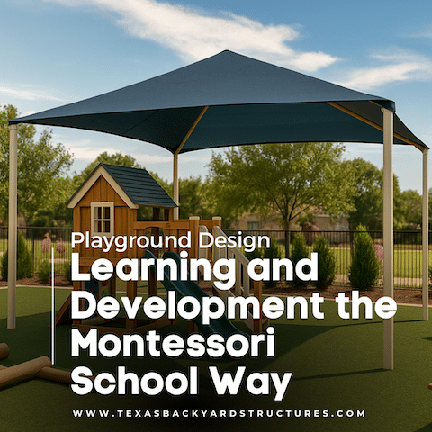 A Montessori school playground in Austin, Texas featuring turf surfacing, shaded play areas, and age-appropriate equipment that supports learning and development.