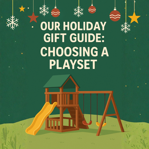 Holiday-themed illustration of a premium backyard playset in a winter setting, with a Christmas tree, lights, gifts, and a decorated outdoor yard scene.