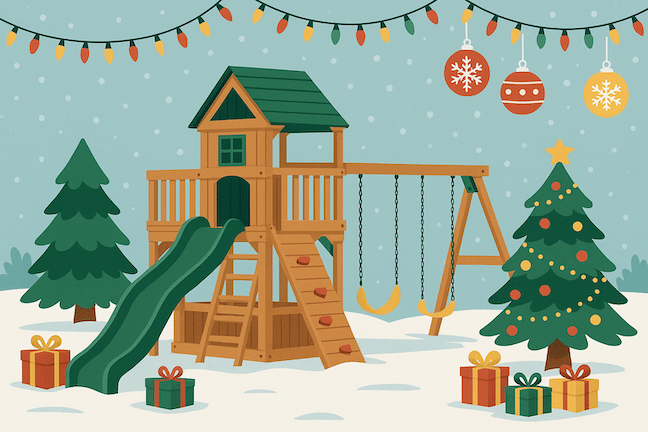 Holiday-themed graphic with Swing Kingdom and Backyard Adventures playsets displayed under festive ornaments, used as a cover image for a Texas Backyard Structures gift guide blog.